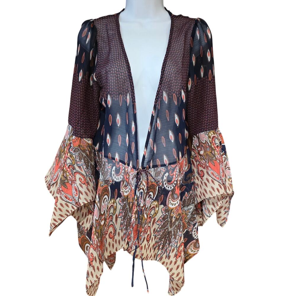 umgee usa‎ navy and paisley sheer kimono duster, bell sleeves sz S